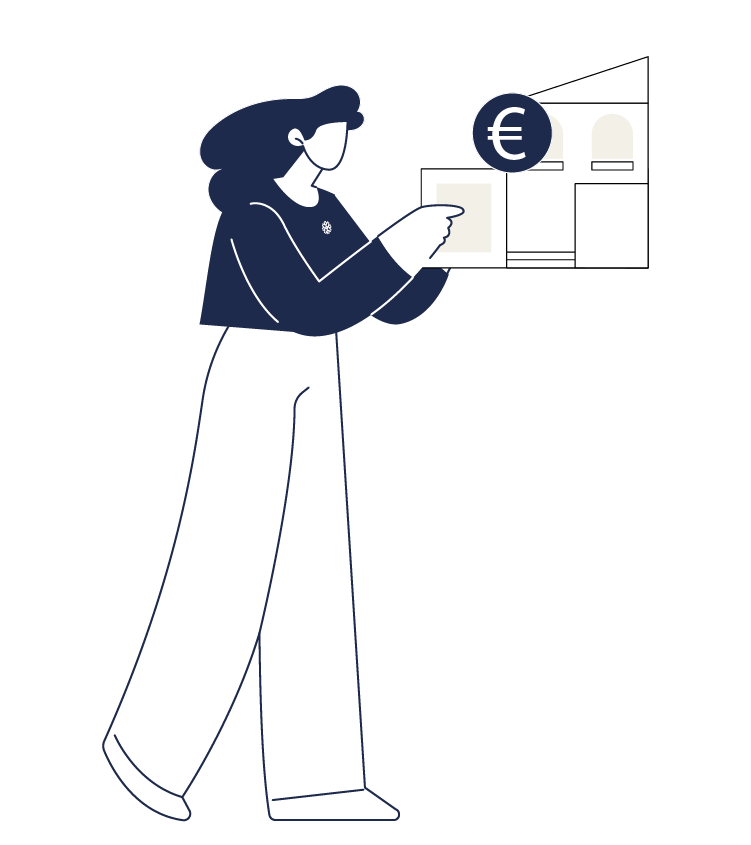 services-investisseur-immobilier-auris-amo-moex Femme examinant un projet immobilier avec un symbole euro – services Auris pour investisseurs immobiliers.