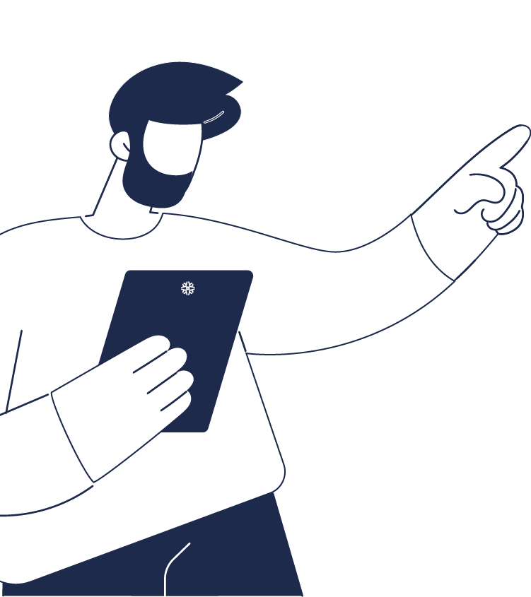 Homme tenant une tablette et montrant la direction – illustration des services d’accompagnement Auris pour promoteurs.