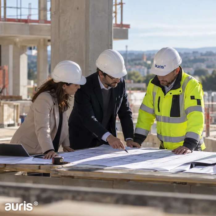 Réunion de chantier : trois professionnels, dont un intervenant Auris, étudient les plans d’un immeuble en construction