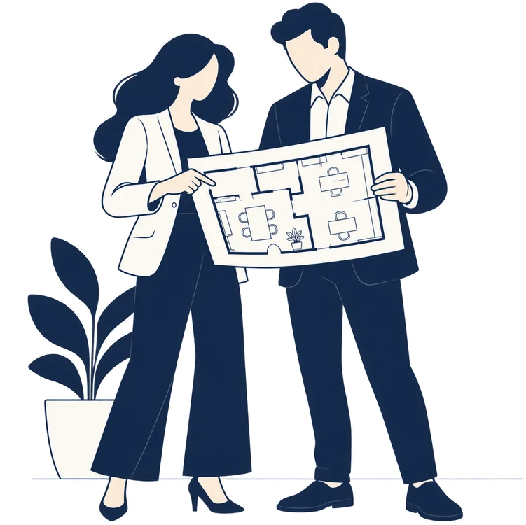 Deux professionnels étudient un plan de bureaux – services Auris pour acquéreurs et preneurs
