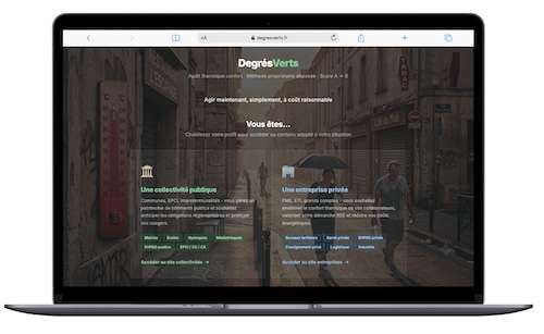 DegrésVerts – audit confort d'été par Auris Ordinateur portable affichant le site DegrésVerts, l'offre d'audit confort d'été d'Auris